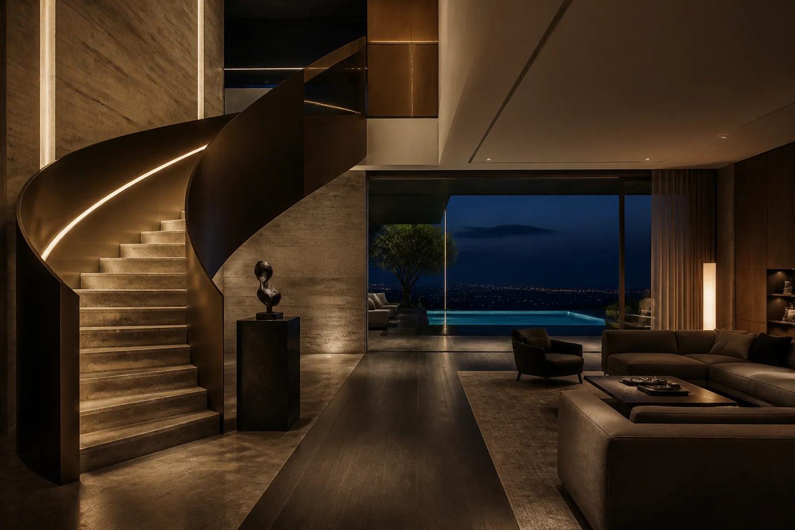 Bespoke contemporary interior concept at night.