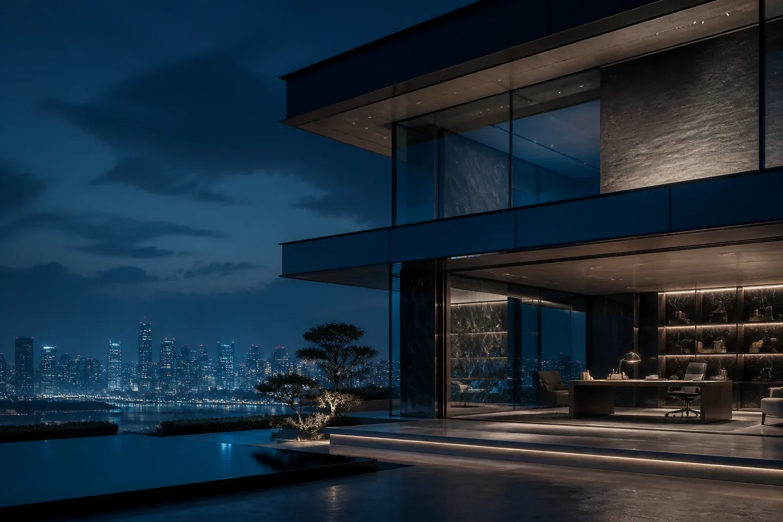 A cinematic modern architectural workspace overlooking a blue-hour city skyline.