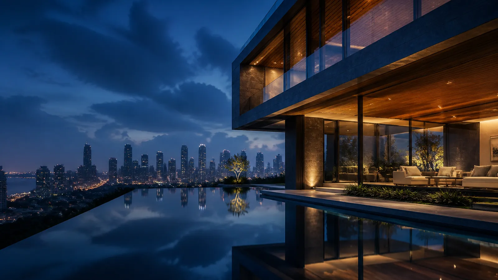 A contemporary glass-and-stone residence overlooking a city skyline at blue hour.