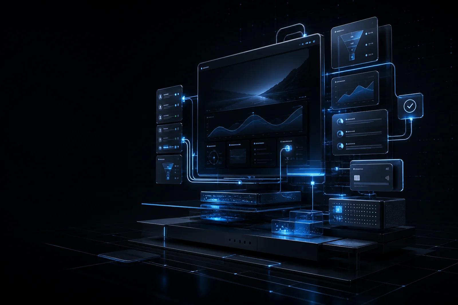 A connected VELYREN digital system visualising website, lead, analytics and operations layers.